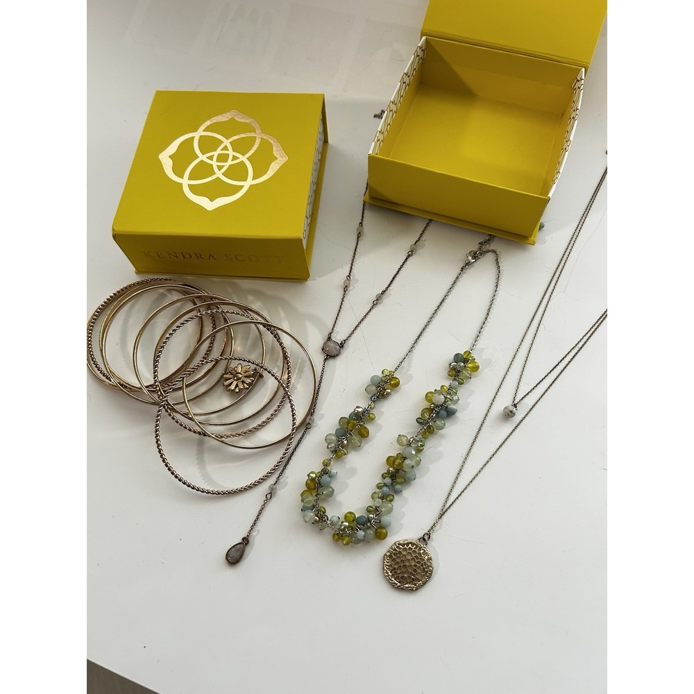 Kendra Scott Lot - Long Boho Statement Necklaces & Gold Tone Bangle Bracelets